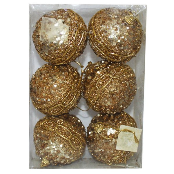 Χριστουγεννιάτικες Μπάλες Χρυσές με Χρυσή Αλυσίδα και Πούλιες - Σετ 6 τεμ. (6cm)